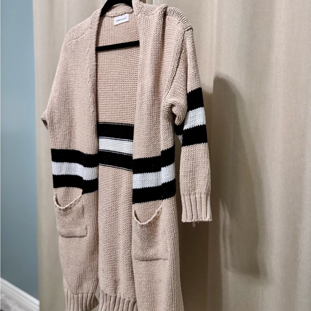 Goodnight Macaroon Beige Cardigan with Black and White Stripes
